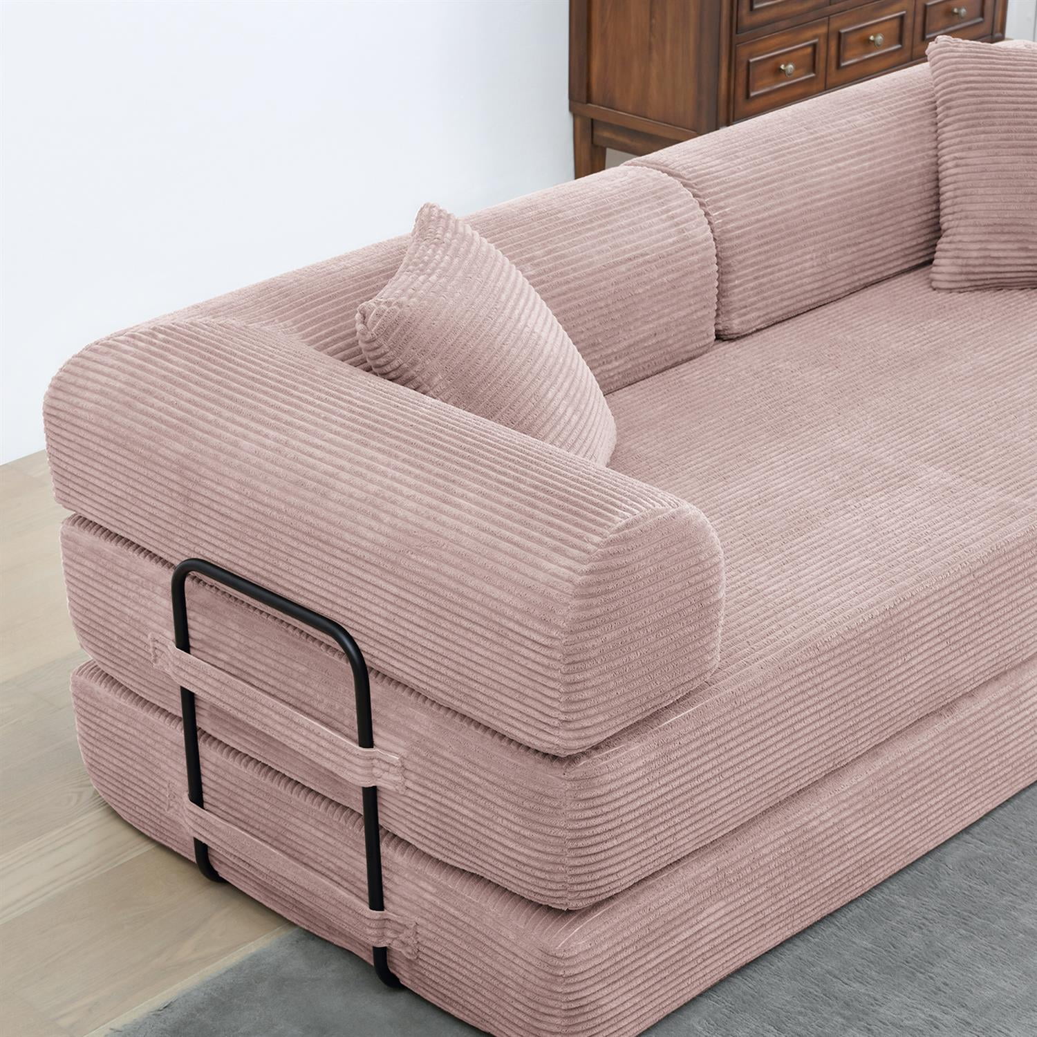 Demi Bonn 77" Convertible Sleeper Sofa Bed, Corduroy Foldable Mattress Couch with Cylindrical Pillow & Fixed Frame for Living Room, Bedroom, Pink