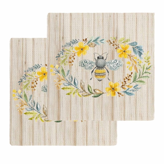 Summer Bees Wreath Kitchen Dish Towels for Drying Dishes Set of 2, Botanical Leaves Grey Wooden Waffle Weave Microfiber Hand Tea Bathroom Towels Quick Dry & Absorbent Towel 12x12