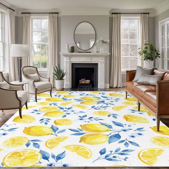 Rectangle Area Rugs 5 x 8 Ft, Watercolor Lemons Non-Slip Residential Carpet, Summer Farmhouse Blue Floral Indoor Crawling Mats Runner Rugs for Living Room/Dining Room/Bedroom