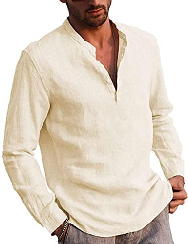 hower Men Fashion Cotton Linen Long Sleeve Button up Solid Color Shirts Tops Blouses
