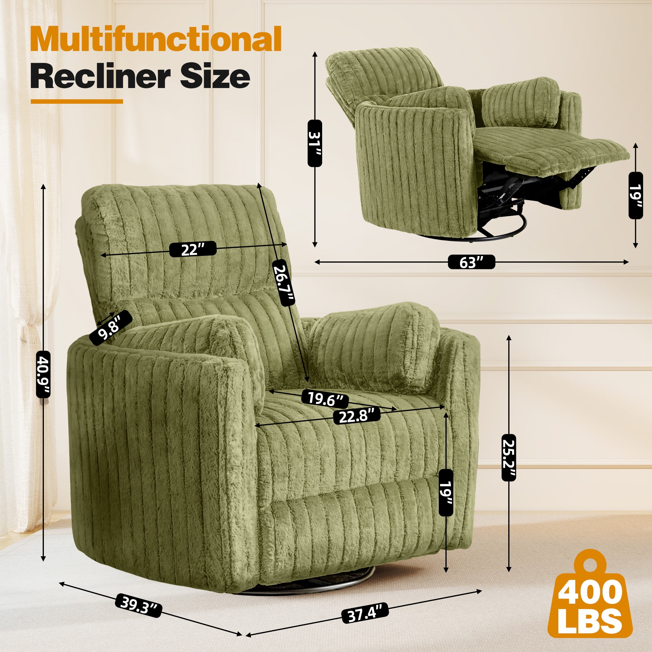 Aukfa Swivel Rocking Glider Power Recliner Chair with 24" Wide Seat & Type-C & USB Ports, Green