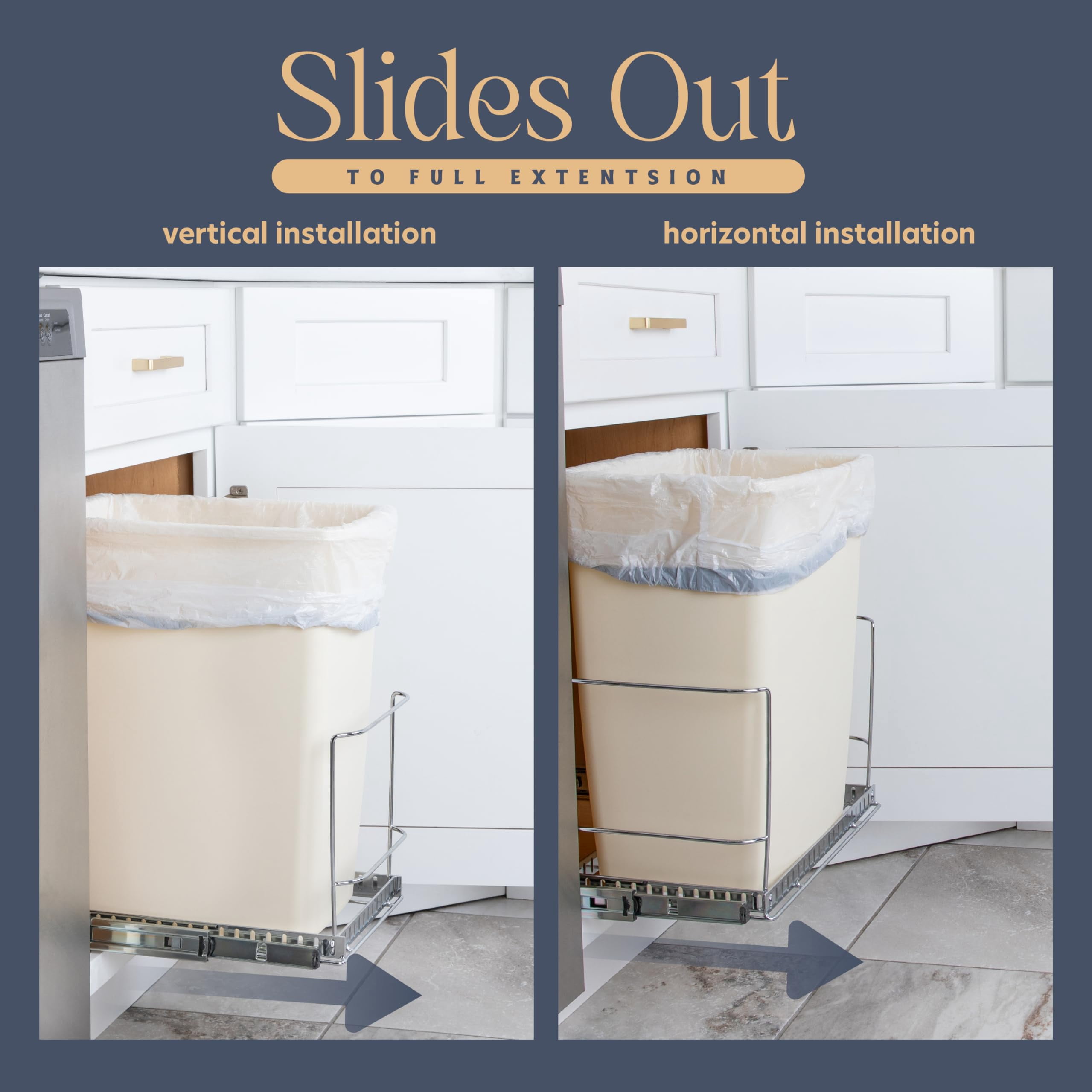 Pull-Out Cabinet Trash Can Organizer, Fits 9 Gal / 35 Qt Bins, Heavy-Duty Chrome Frame, Soft-Close Slide, Adaptable Mounting Options, Fits 12”+ Cabinet Opening, Bin Not Included