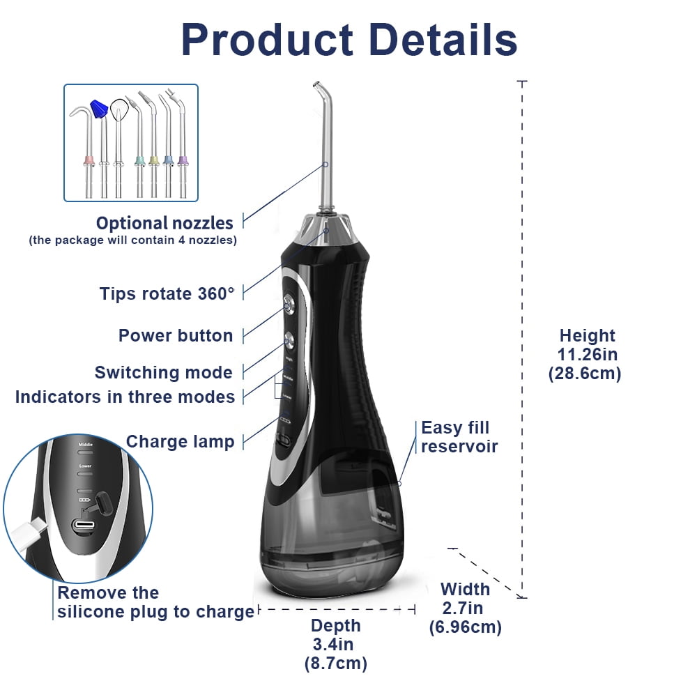 Cordless Water Flosser, 7 Multifunctional Nozzles(Orthodontic/Nose/Cleaner), 3 Modes & Diy Pressure, 320ML IPX7 Waterproof Oral Irrigator with Travel Case for Home & Travel
