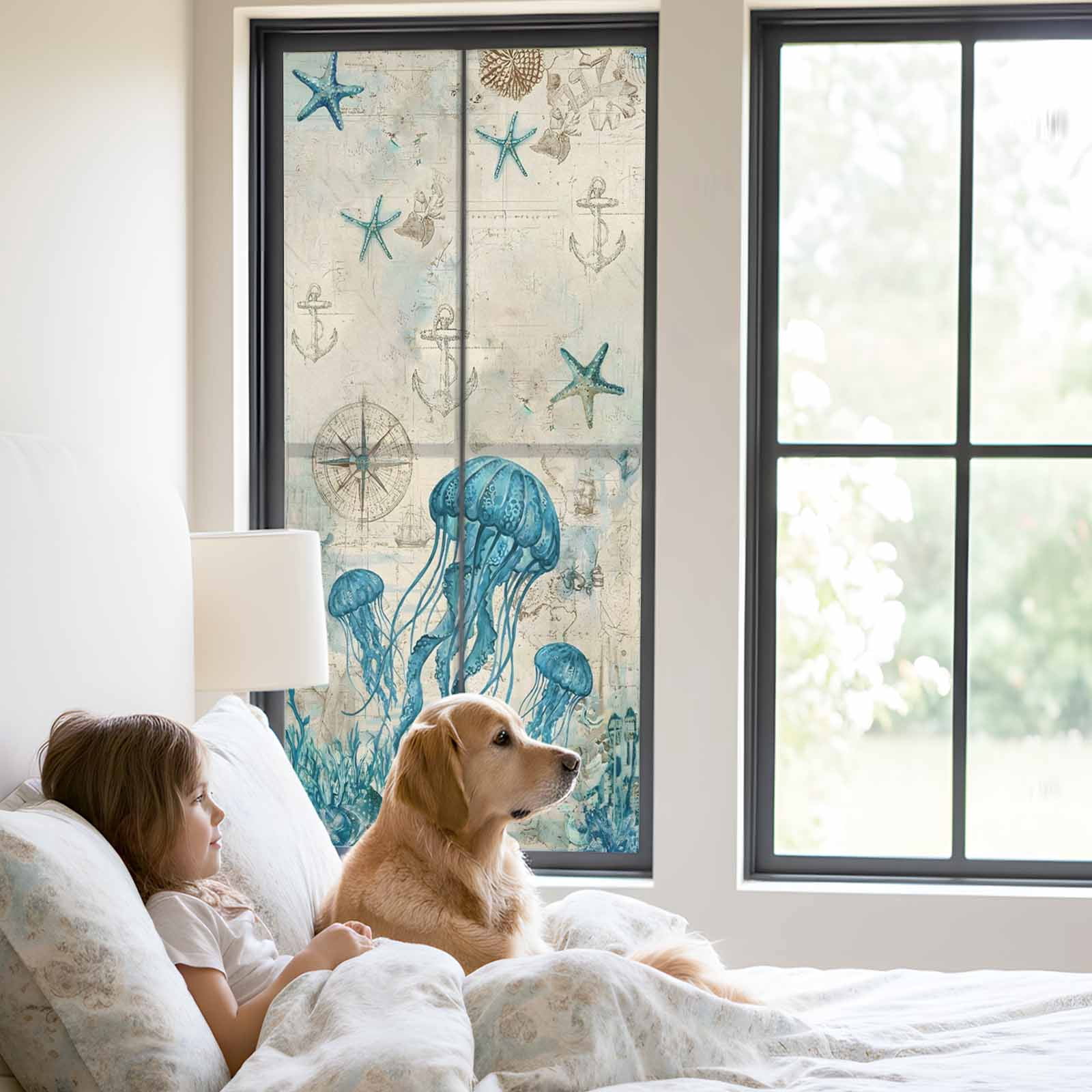 Nautical Teal Jellyfish Window Privacy Film, Ocean Corals Compass Vintage Brown Map Frosted Glass Window Clings Static Cling UV Heat Blocking Reusable Door Sticker for Bathroom 23.6 x 59 Inch