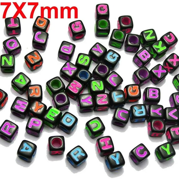 U8MO 200 Black Assorted Neon Color Alphabet Letter Cube Pony Beads 7X7mm