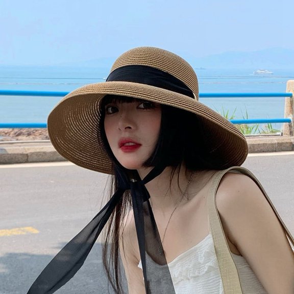 Kukuzhu French Sunscreen Hepben Wind Straw Hat Female Summer Hat Big Garmeter Shading Beach Folding Permanent Hat Female Sunscreen Hat