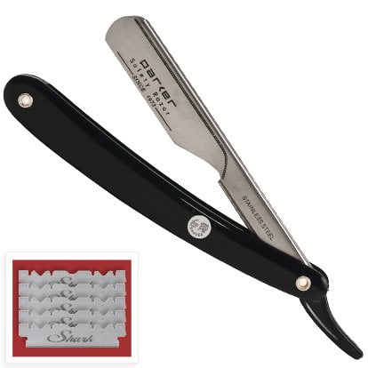 Parker PTB "Push Type Blade Load" Straight Edge Barber / Shavette Razor with Stainless Steel Blade Arm and 5 Shark Stainless Blades