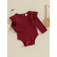 thumbnail image 4 of Musuos Baby Girls Spring Fall Basic Rompers 0-24 Months Long Sleeve Crew Neck Solid Color Ruffle Ribbed Bodysuit, 4 of 10