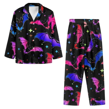 

NETILGEN Halloween Night Bats 2 Pcs Set Button Pajamas for Women Soft Leisure Homewear Comfortable Pj Set for Women Button Top Snug-Fit Womens Pj Button up Long Sleeve Shirt