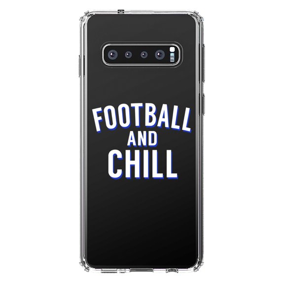DistinctInk Clear Shockproof Hybrid Case for Samsung Galaxy S10  PLUS (6.4" Screen) - TPU Bumper Acrylic Back Tempered Glass Screen Protector - Football and Chill