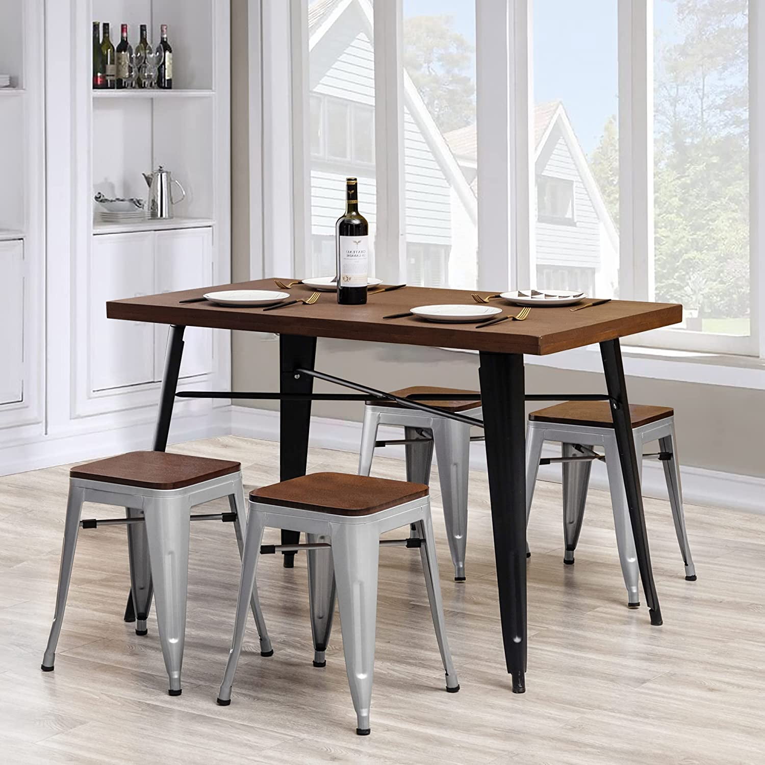 Andeworld 18 inch Stools Metal Dining Chairs Set of 4 Stackable Kids Stools Short Stools Bar Stools Classroom Stools (18 inch, Silver)