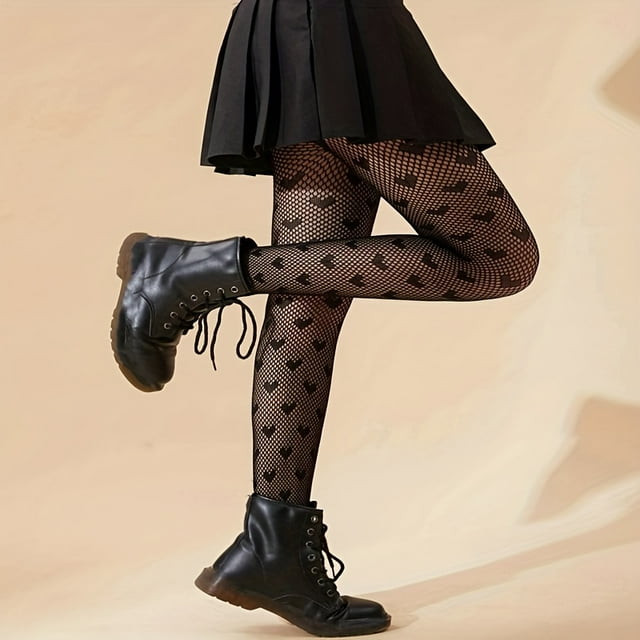 Collants Résille Imprimé Cœur Aguichant, Collants Taille Haute en Maille Ajourée, Bas et Bas pour Femmes