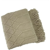 Fennco Styles Irregular Rhombus Diamond Knit Fringe Throw Blanket 50" W x 60" L – Khaki Geometric Woven Blanket for Couch, Bedroom and Living Room Décor