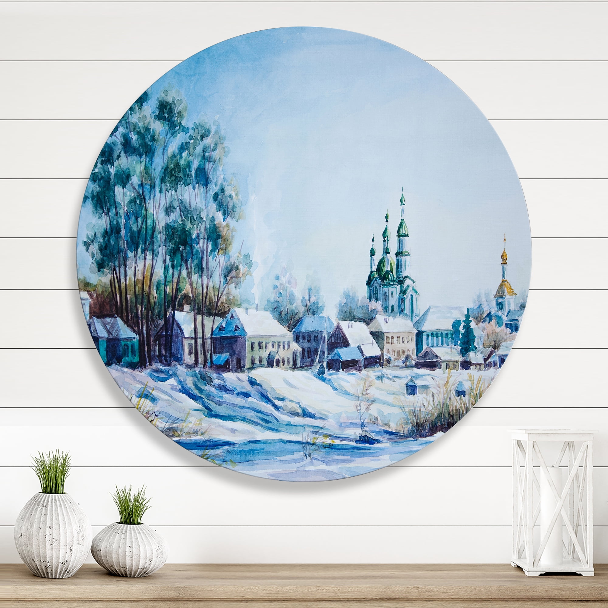 Designart 'Small Town Covered In Snow In Winter Times' Traditional Circle Metal Wall Art 11x11 - Disc of 11