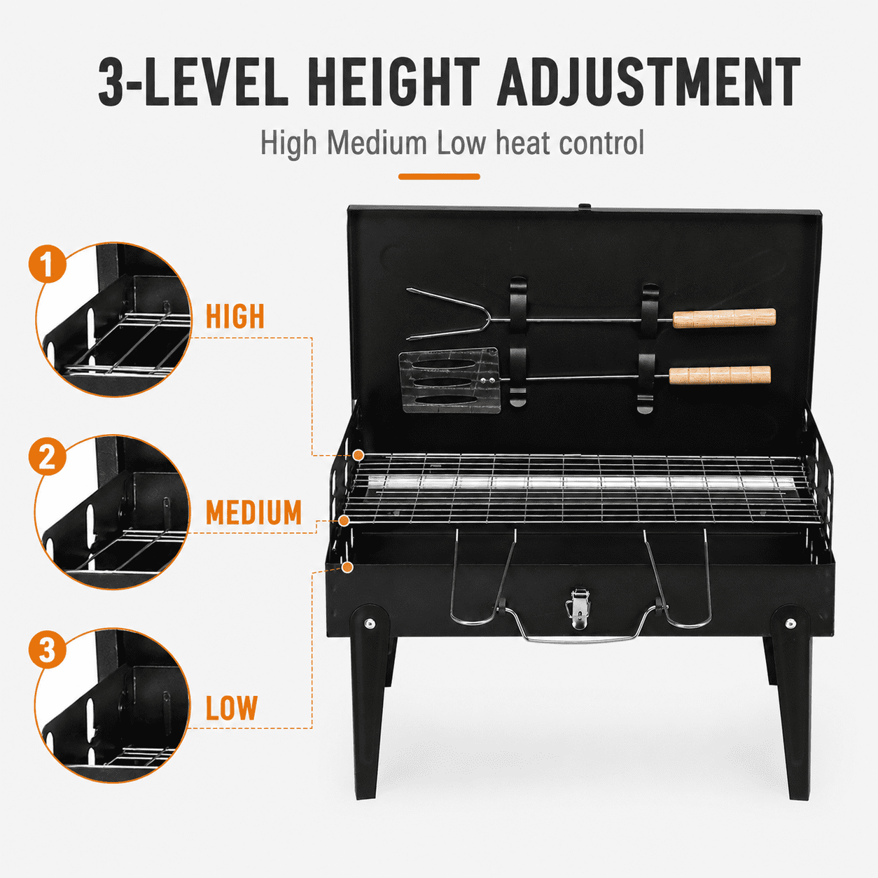 Alvantor Portable Square Charcoal Grill with Lid and Foldable Legs Black 17.3 x 10.6 in