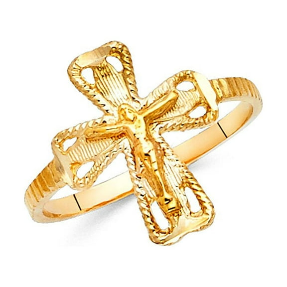 14k Yellow Italian Solid Gold Religious Crucifix Ring 15mm