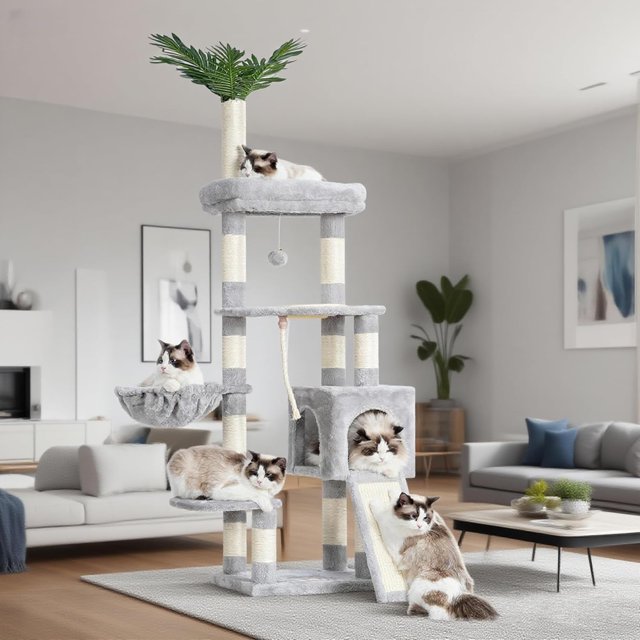 Cat Tree . es Cat Tower for Indoor Cats Cat Condo with Perches Basket Leaf Feeding Bowl Multi-Level Plush Modern Cat Furniture with Scratching Posts Light HCTW