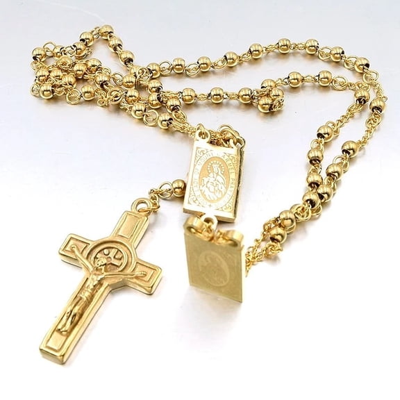 Fashion Jewelry 14K Yellow Gold Rosary Necklace, Virgin Cross Of Jesus Pendant Necklaces , Heavy Gold Color Hip hop Men Jewelry