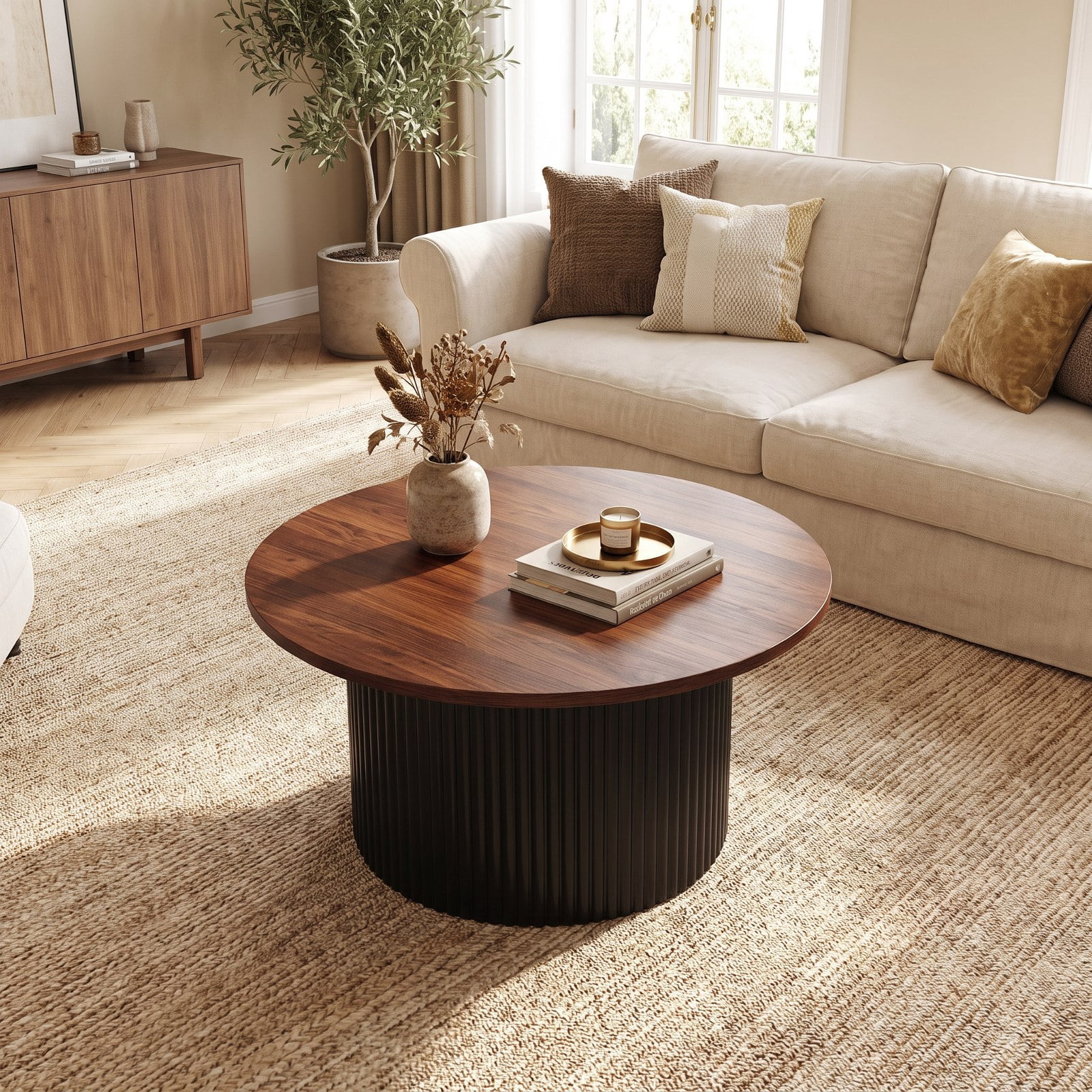 Furnibear Round Coffee Table with Solid Wood Frame and Wooden Top for Living Room and Reception Room 32 Inch Center Table, Walnut