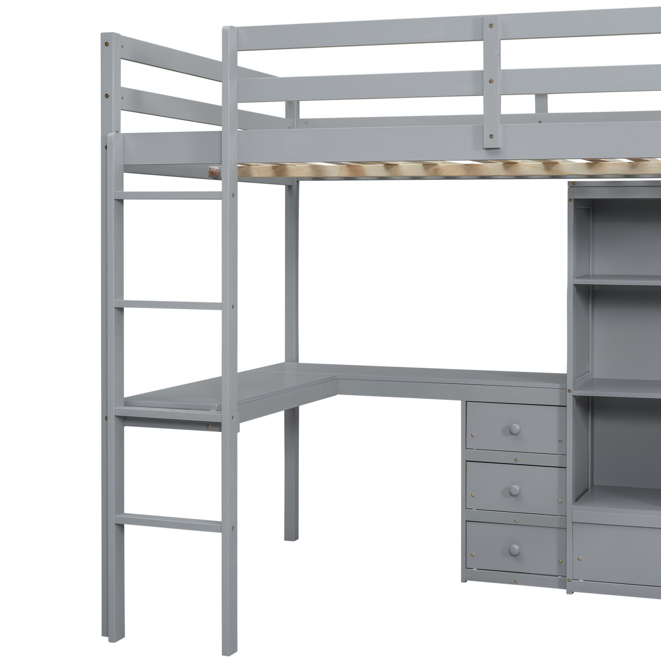 Noble House Modern Full Size Loft Bed with Desk, Storage Shelves and Built-in Ladder, Pine Wood Frame with Guardrails, Grey