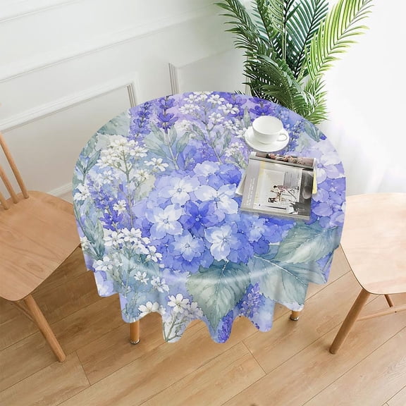 RKSupls 60 Inch Round Tablecloth, Hydrangea Lavender Pattern Premium Polyester Straight Edge Wrinkle Resistant Washable Table Cover for Party Home Dining Decor