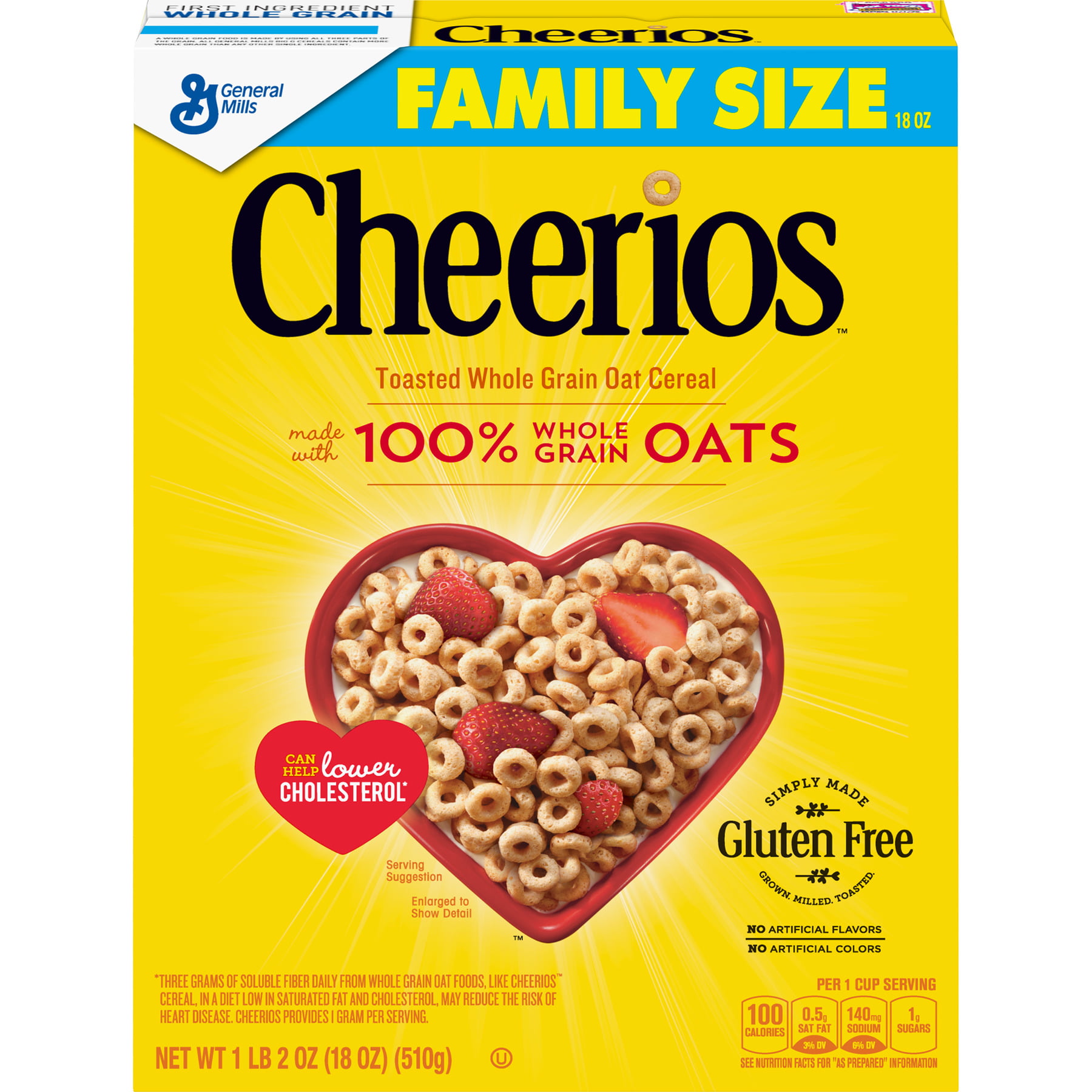 cheerios, gluten free, cereal with whole grain oats, 18 oz box