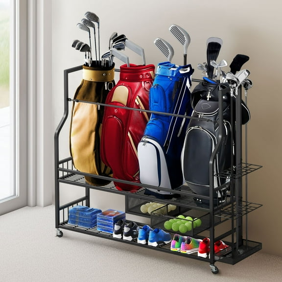 Uforic Golf Bag Storage Rack with Wheels, 4-Bag Organizer for Garage, Club, Shed, and More