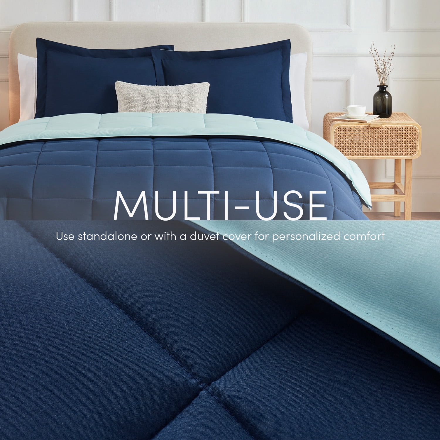 LammaLoe 3-Piece King Size Comforter Sets, Reversible Bed in a Bag, Navy/Light Blue, Quilted Bedding Comforter Set