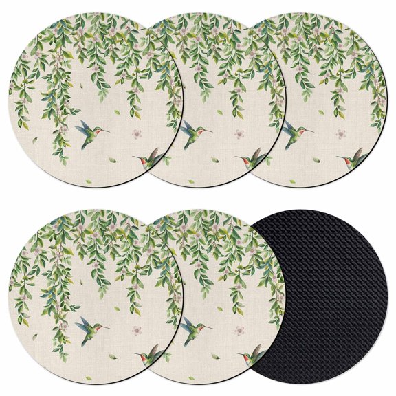 Spring Botanical Coasters Set of 6, Absorbent Coasters for Drinks, Watercolor Leaves Flowers Birds Beige Coaster for Desk Coffee Table Protection, Home Decor House Warming Gifts 4"