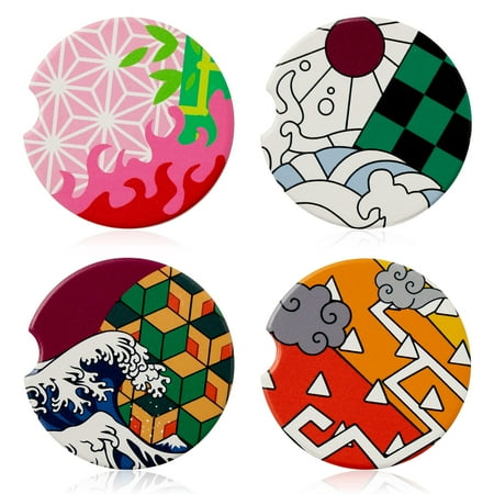 

D2ucco 4 Pack Anime Ceramic Car Coasters Absorbent Car Cup Holder for Drinks Tanjiro Nezuko Anime Car Coaster with Finger Notch Cute Auto Accessories Gifts for Car Lover