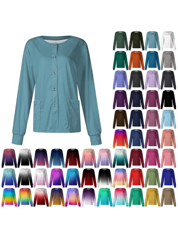 Scrub Jackets for Women Stretchy Gradient Patterned Long Sleeve Scrubs Uniforms Button Down Nursing Shirt with Pockets Black XL