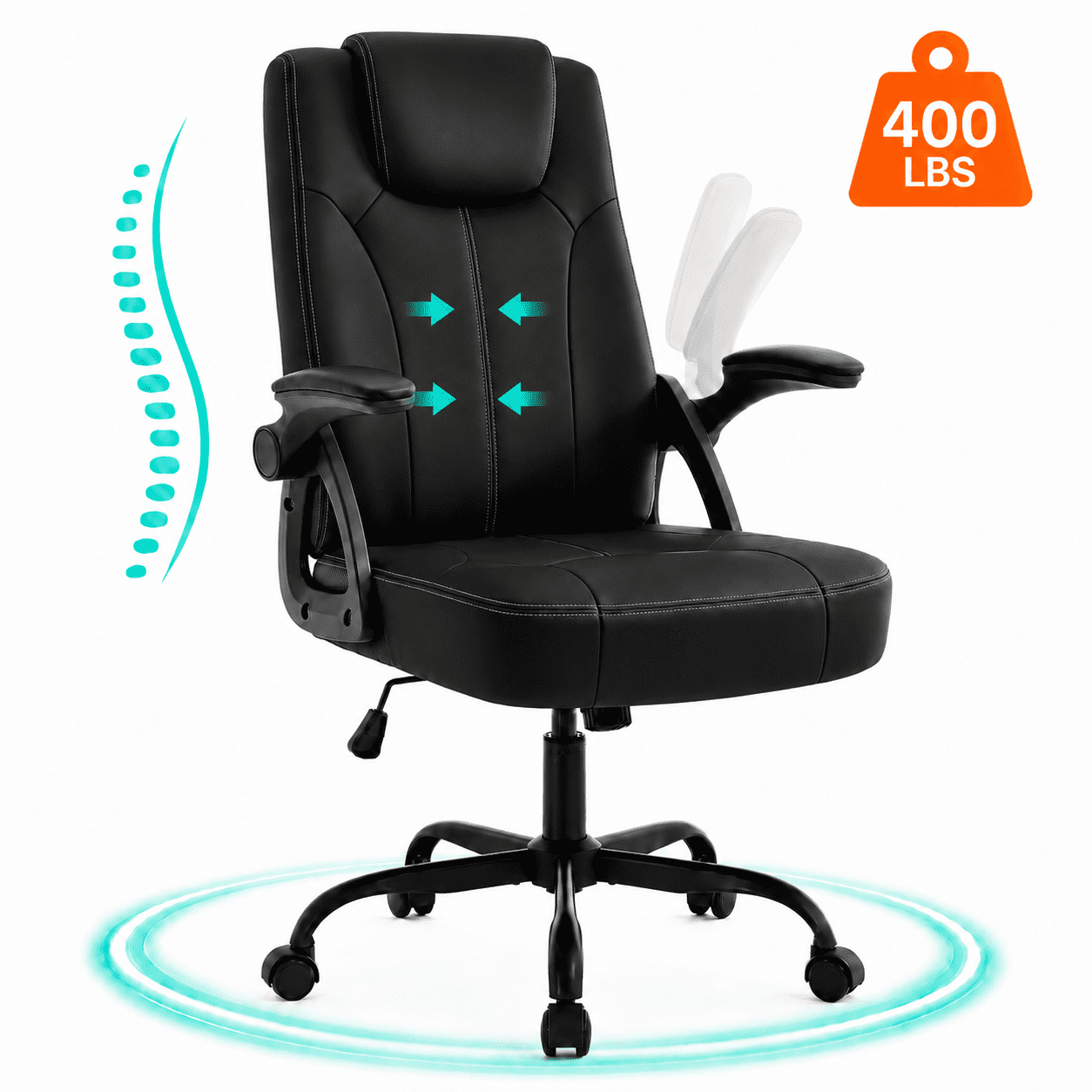 Executive Office Chair, Ergonomic PU Leather Computer Chairs, Executive Breathable Desk Chair with Padded Flip-Up Arms, 360 ° Swivel Rolling Chair Comfy Padded for Working Studying Gaming (Black)