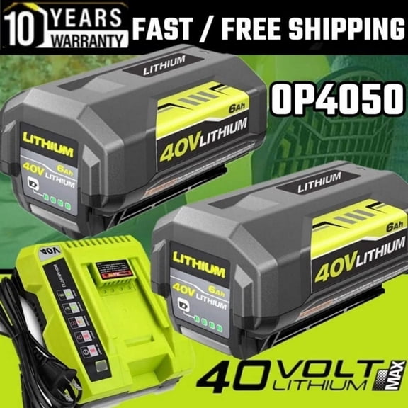 2Pack 6.0Ah Replacement for Ryobi 40V Battery Lithium Ion and OP401 Charger Compatible with Ryobi 40 Volt Battery OP4026 OP4050A OP4040 OP4030