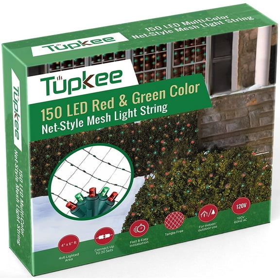 Tupkee Christmas Light Net 150 LED Red & Green Mesh Lights - 4 ft x 6 ft Outdoor / Indoor Net Lights for Bushes, Hedges or Trees
