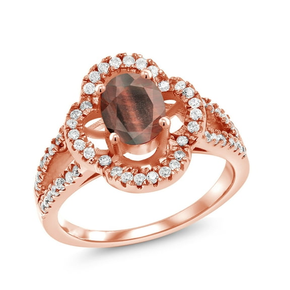 Gem Stone King 1.62 Ct Oval Red Tiger Eye 18K Rose Gold Plated Silver Ring (Size 5)