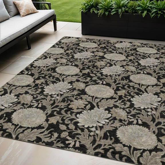 HomeRoots 581216 5 x 8 ft. Floral Washable Indoor & Outdoor Rectangle Area Rug, Black, Taupe & Beige