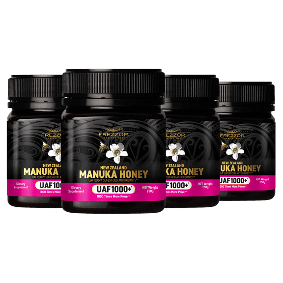 FREZZOR Manuka Honey UAF1000 ® – Raw New Zealand Monofloral, Ultimate Antioxidant Superfood (8.8oz/250g) , 4 Jars