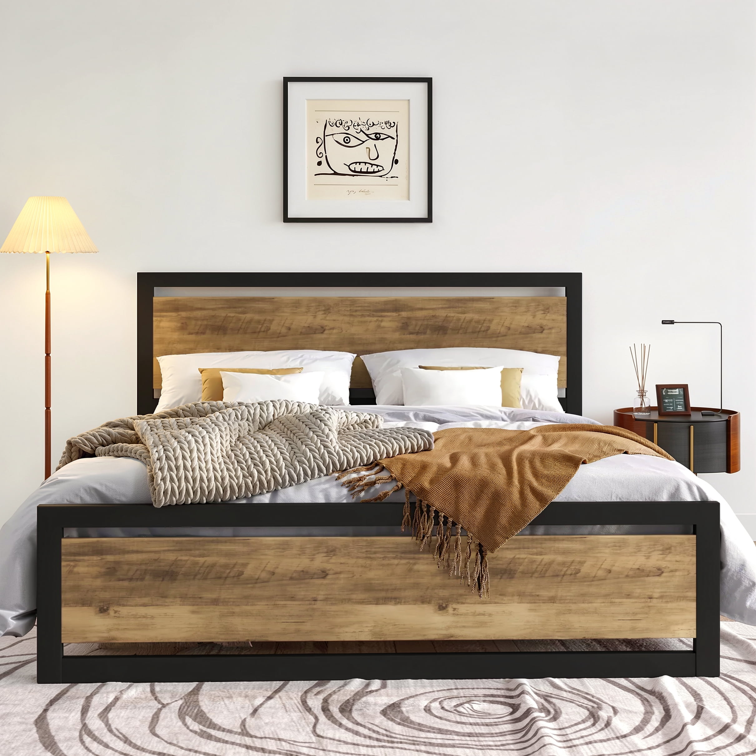 Amolife King Size Metal Platform Bed Frame with Wooden Headboard, 12.4" Under-Bed Storage, Brown