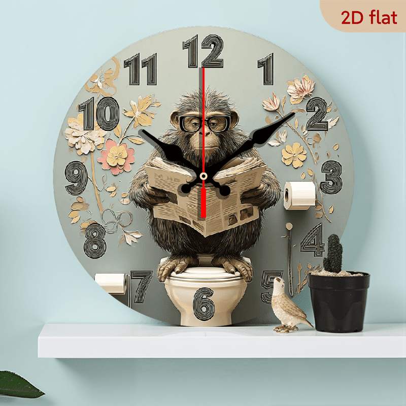 2D Flat 1pc 10Inch Wooden Funny Bathroom Decor Clock - Monkey Reading Newspaper on Toilet with Floral Accents, Silent Non-Ticking Modern Flat Wall Clock for Living Room, Kitchen, Bathroom