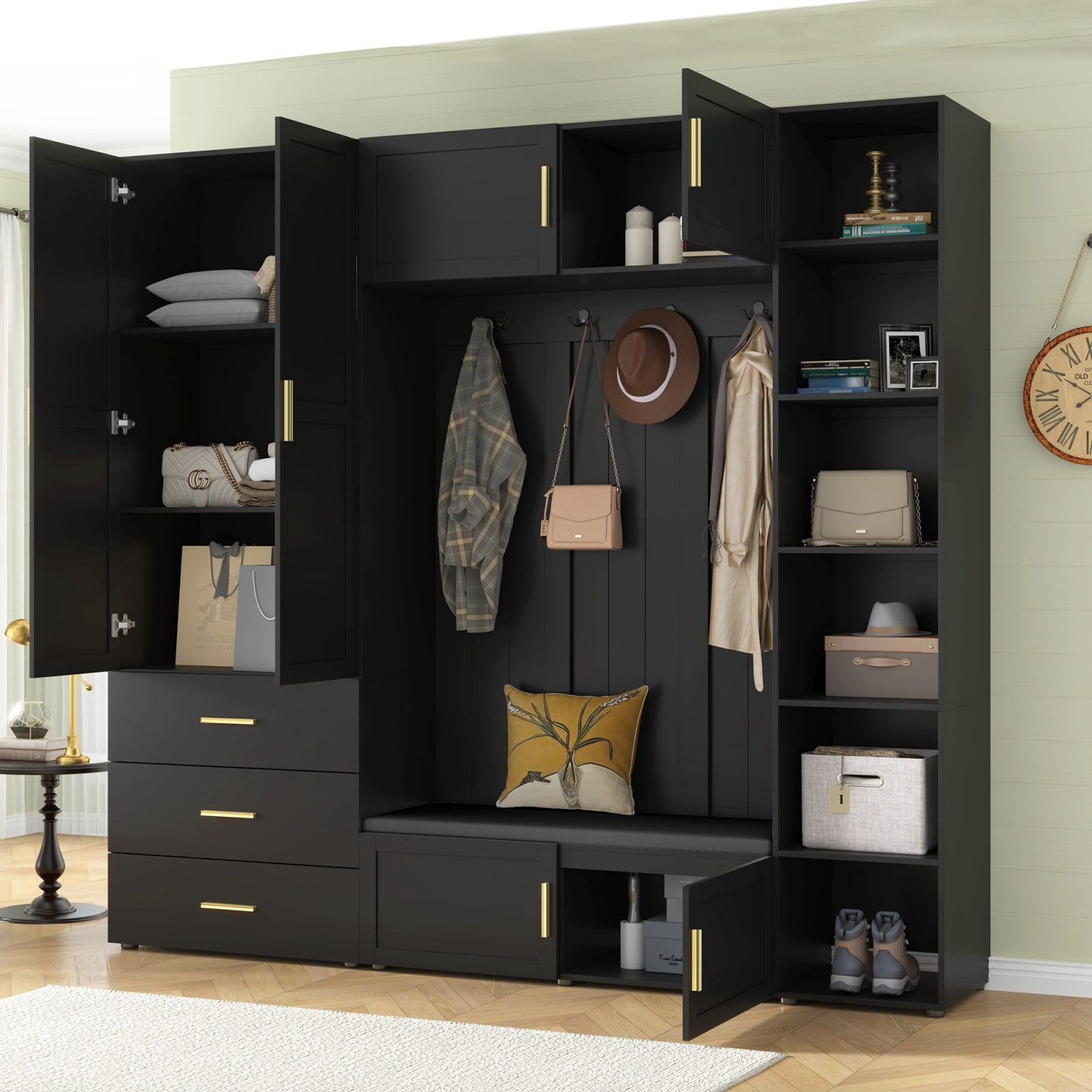 94"W 4-in-1 Entryway Hall Tree with Padded Bench, Coat Rack with 4 Hooks, Adjustable Storage Shelves & Cabinet, Large Mudroom Organizer for Hallway Living Room, Antique Black