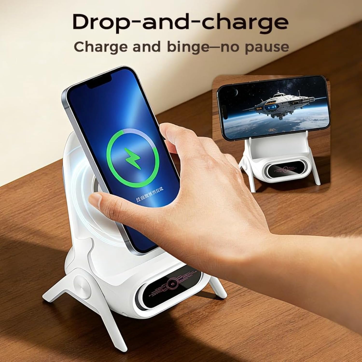 Mini Chair Wireless Fast Charger Multifunctional Phone Holder, 2026 New Wireless Fast Charger Phone Stand with Speaker, Charging Station Amplifier Mobile Phones Holder Stand (White)