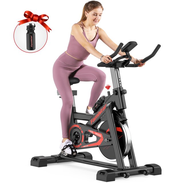 Vélo d'Exercice pour la Maison, Famistar 45 LBS Roue Libre Lourde Vélo de Cyclisme Intérieur, Vélo Stationnaire, Résistance Réglable & Moniteur Numérique, Bouteille d'Eau comme Cadeau, Rouge