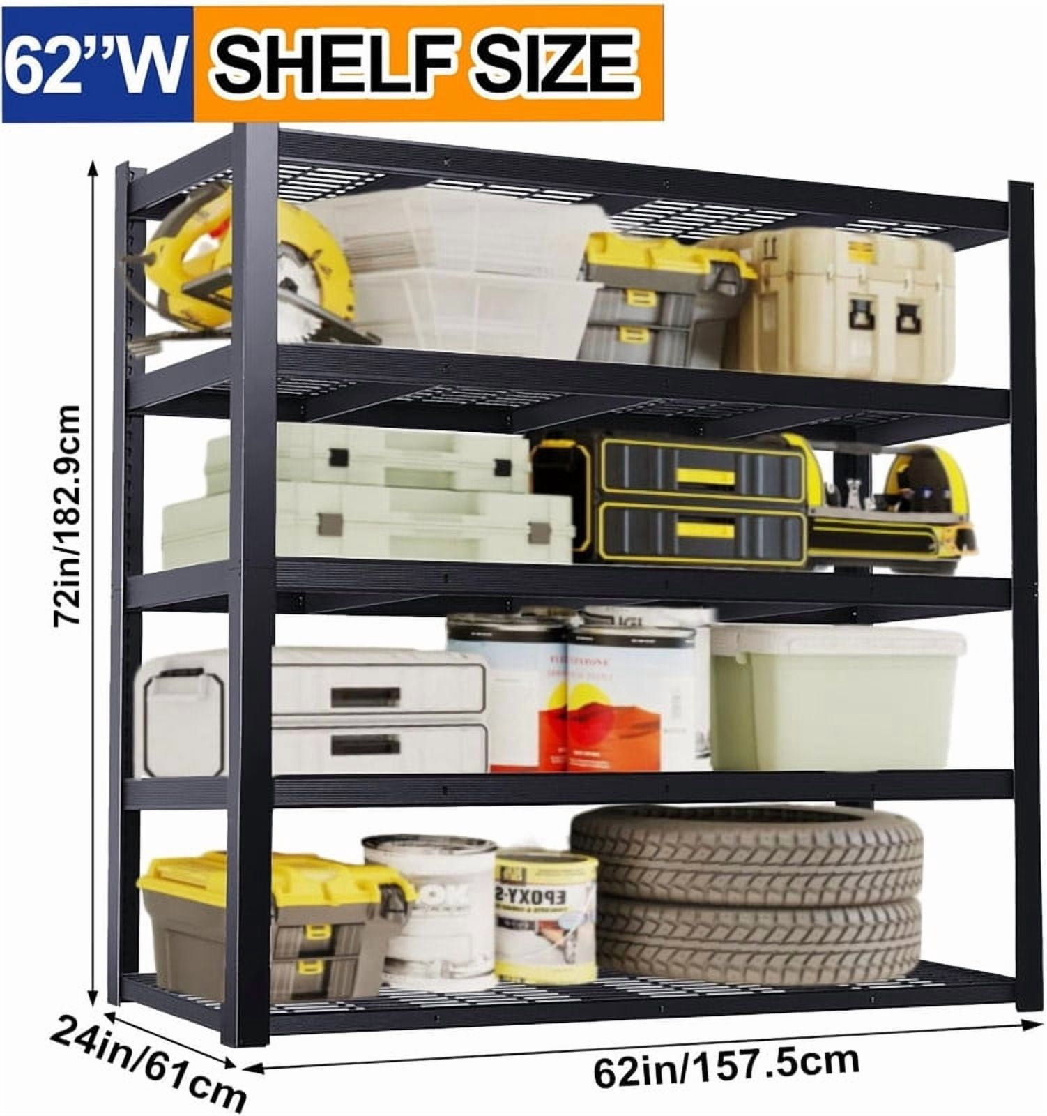 72''H Garage Shelving Unit, Black Storage Shelf, 5 Tiers Storage Racks, Free Standing Heavy Duty Metal Adjustable Shelves