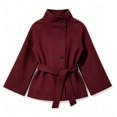 thumbnail image 4 of Miqool Women's Tweed Stand Collar Jacket Button Down Tie Waist Flare Long Sleeve Coat Trendy Casual Office Trench Coat, 4 of 7