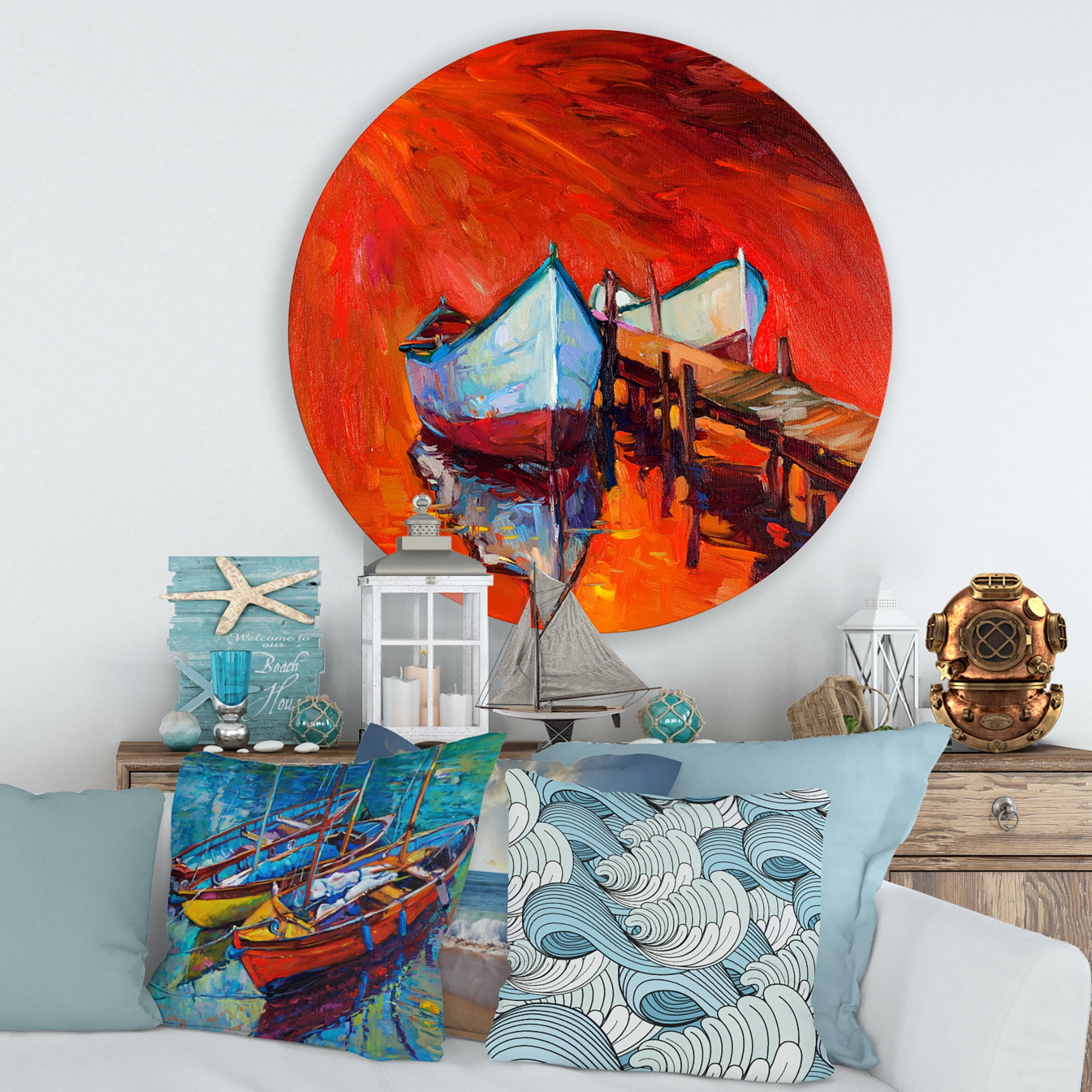 Designart 'Boats Near Coastal Town Resting On The Water IV' Nautical & Coastal Circle Metal Wall Art 29x29 - Disc of 29