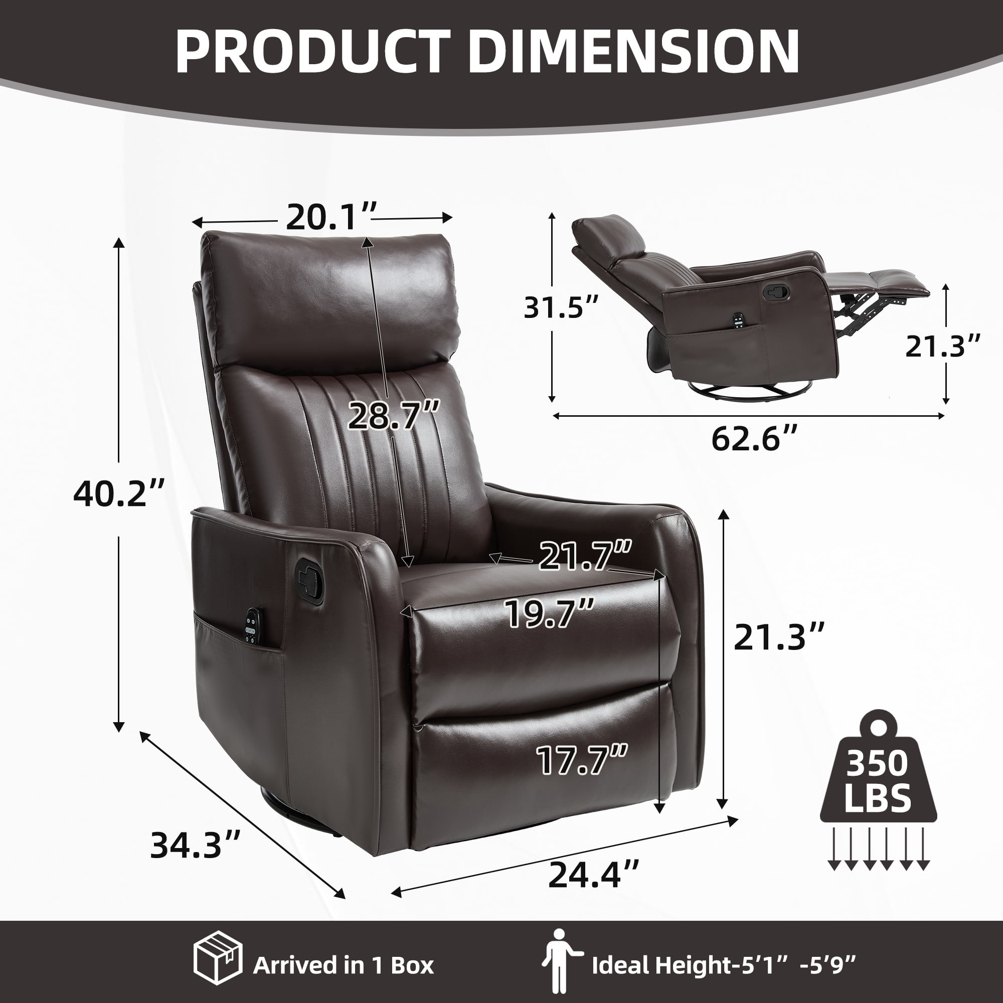 Aukfa Massage Recliner Chair with Heat, Faux Leather 360° Swivel Rocker Recliner, Overstuffed Manual Reclining Glider Chair with Vibration, Espresso