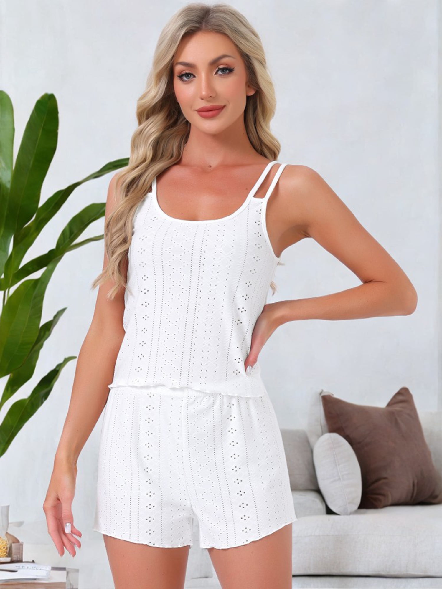 DARING DIVA Women's Pointelle Pajama Sleepwear Camisole Tops with Shorts Set S White