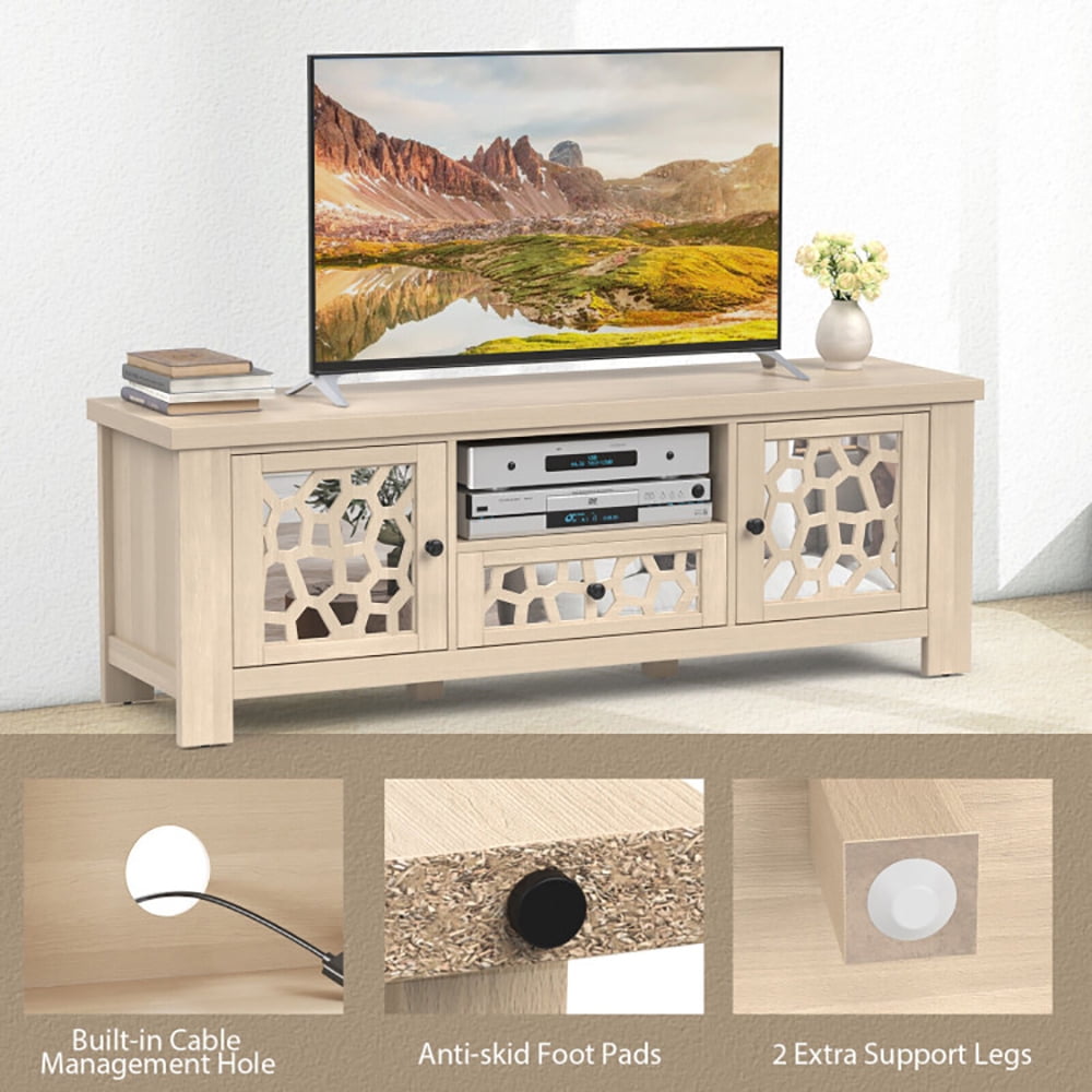 Finihen TV Stand, 55 Inch Retro TV Stand Media Entertainment Center with Mirror Doors and Drawer, for Living Room, Natural