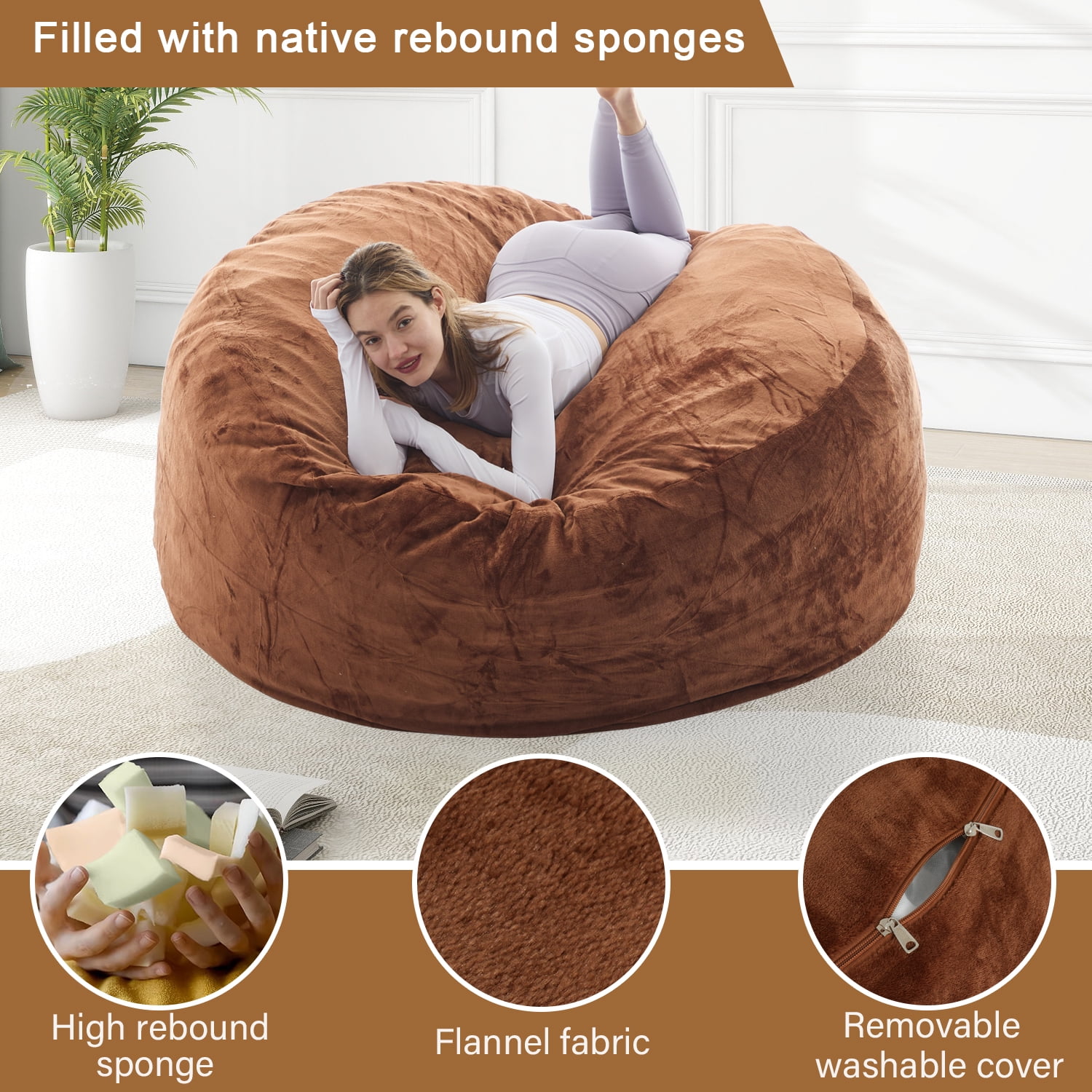 LaoGeoRon 5ft Dorm Room Chairs with Filler for Adults,High Rebound Memory Foam Bean Bag Couch,Removable and Washable Flannel Cover