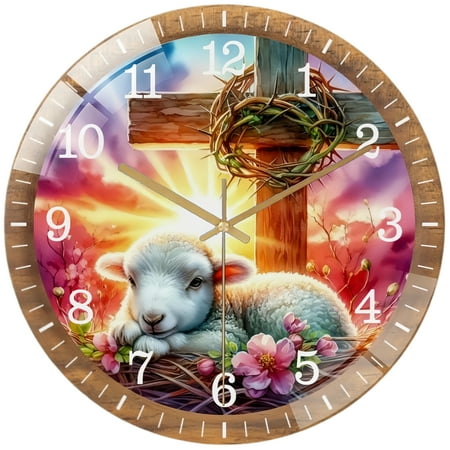 Round Decorative Clock: Lamb at The Cross Easter Glass Wall Clock, Easter Christian Home Decor Wall Clock for Homes, Bars, Offices, Man Caves, Garages, And Living Rooms .Also Makes A Great Gift.